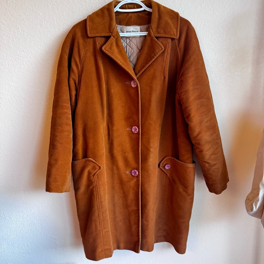 Irving Posluns Brown Suede Leather Coat Jacket Women’s Large Vintage Pink Button - Picture 2 of 10